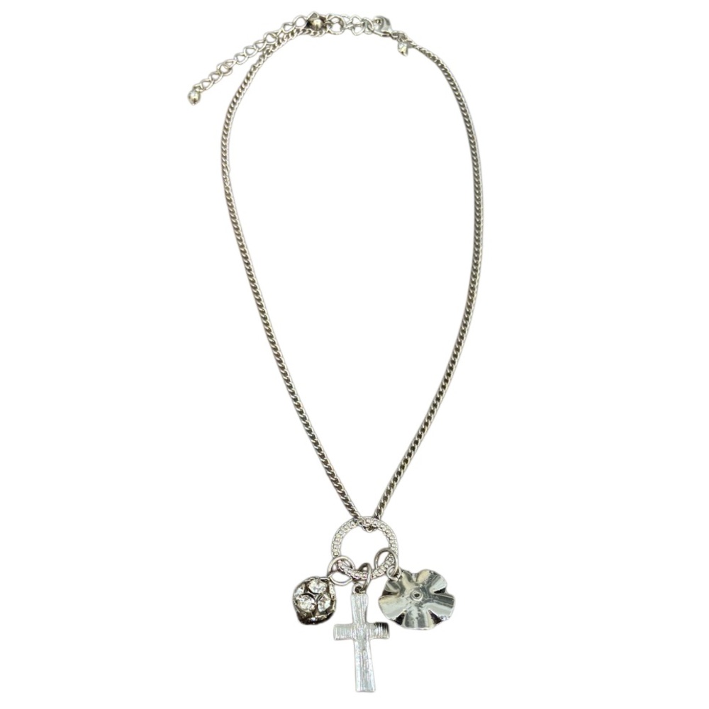 Vintage Cross Necklace Enamel Flower Beaded Ball Crystal Charms Silver Chain - Picture 5 of 12